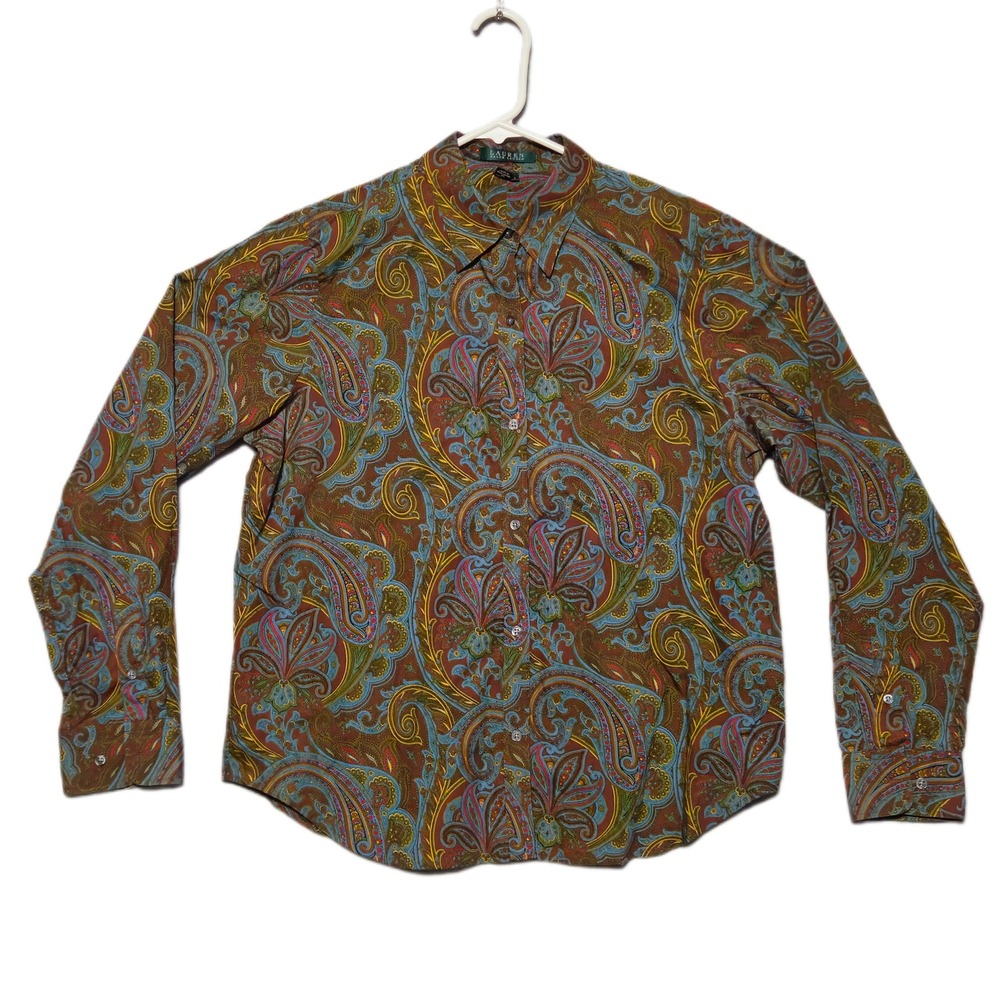 Lauren Ralph Lauren Button Down Shirt Womens Large Brown Multi Paisley Cotton